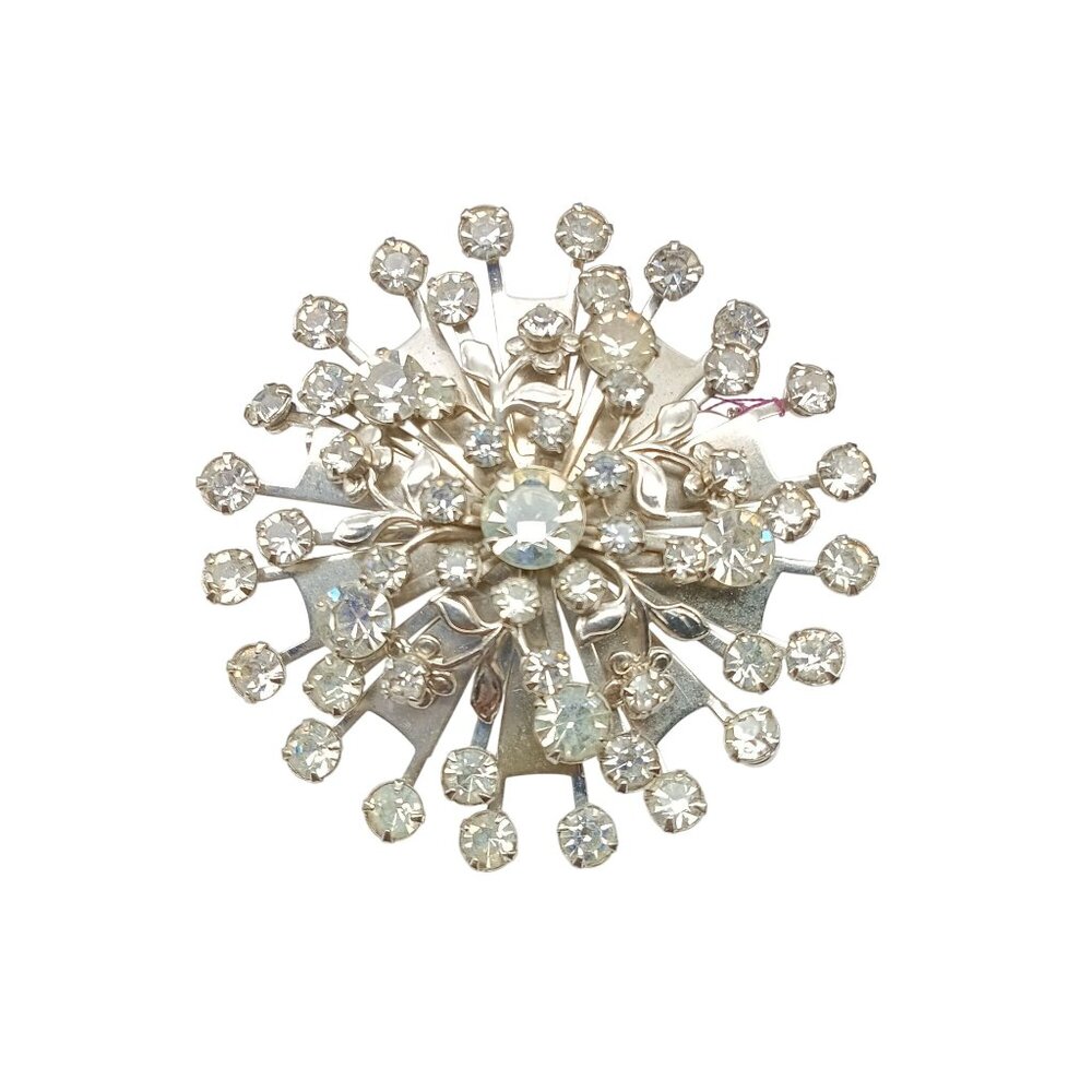 Vintage Rhinestone Starburst Brooch Pin Silver-Tone Metal Floral Design